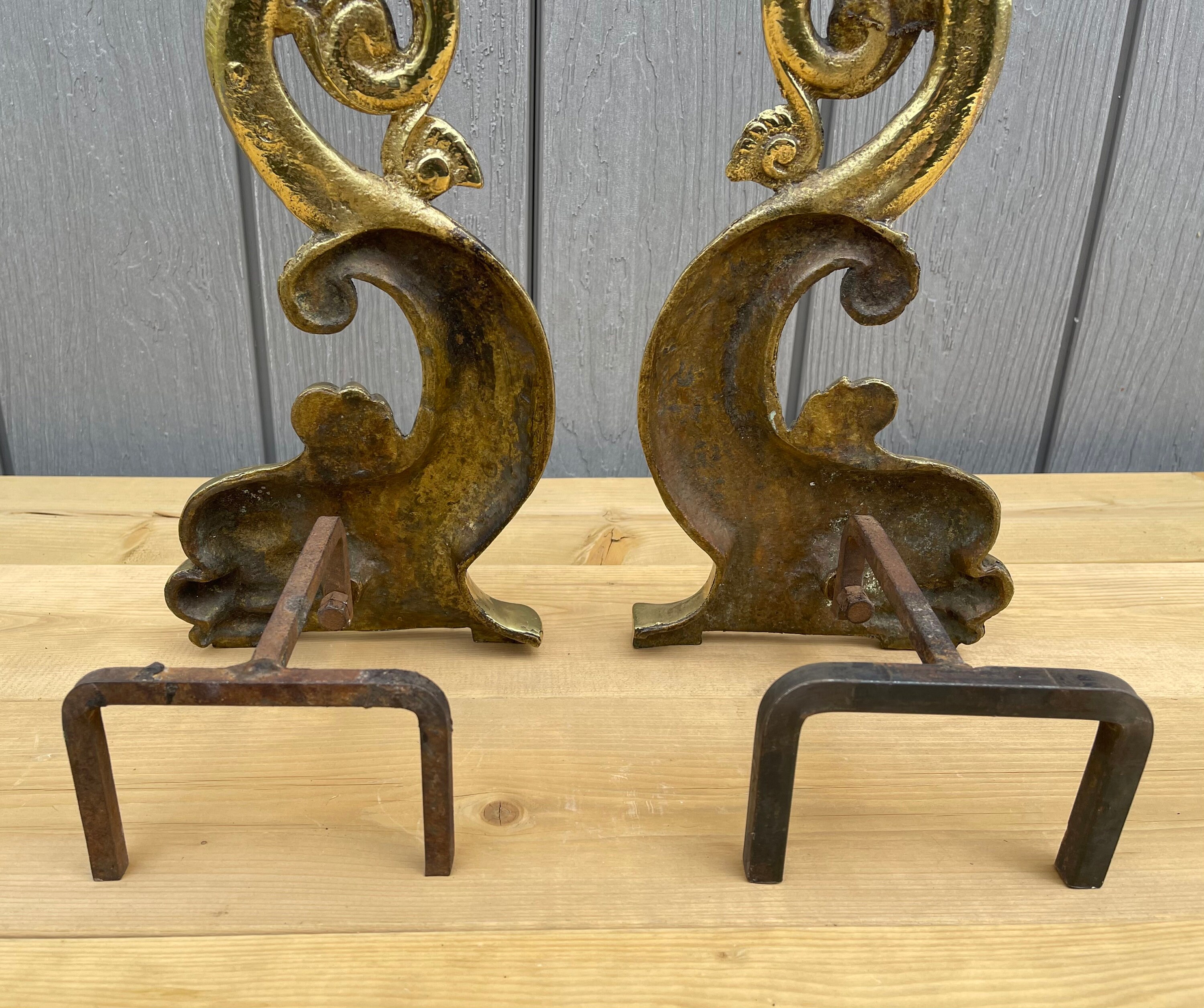 Vintage Mid Century Brass Dolphin Fireplace Andirons With Etsy