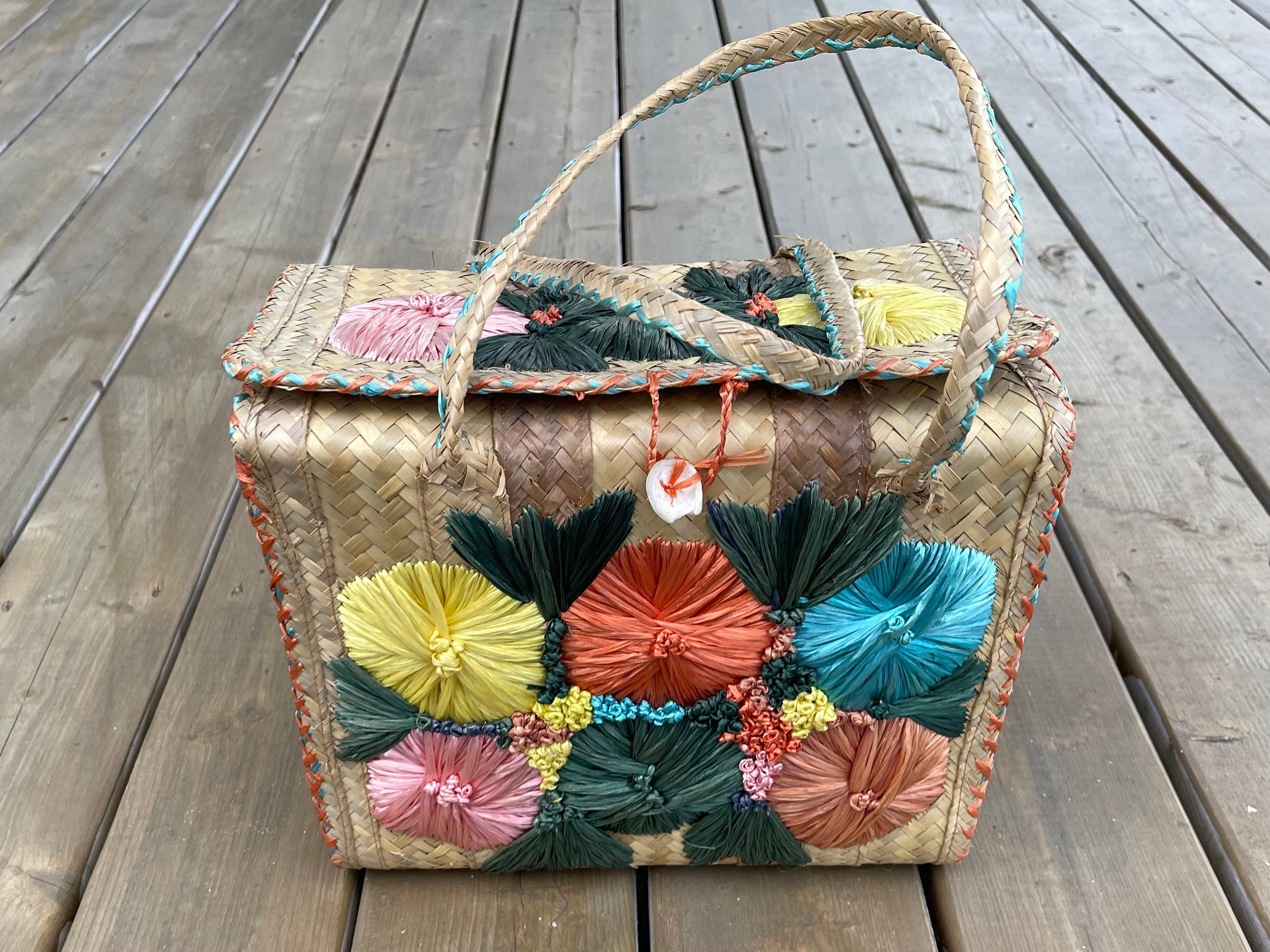Vintage Woven Straw Wicker Structured Tote Bag Purse With Floral Raffia ...