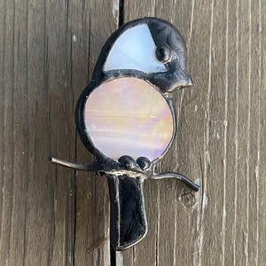 Vintage Stained Glass Black Capped Chickadee Brooch Pin  Retro Bird Jewelry Jewellery