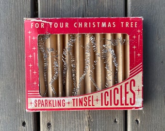 Set of Eight Vintage Silver Sparkling Tinsel Icicles Metal Icicle in Original Box Christmas Ornaments Retro Christmas Tree Decorations Decor