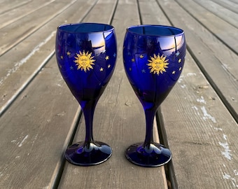 Set of Two Vintage Libbey Cobalt Blue Celestial Sun Moon and Stars Water Goblets Retro Kitchen Barware