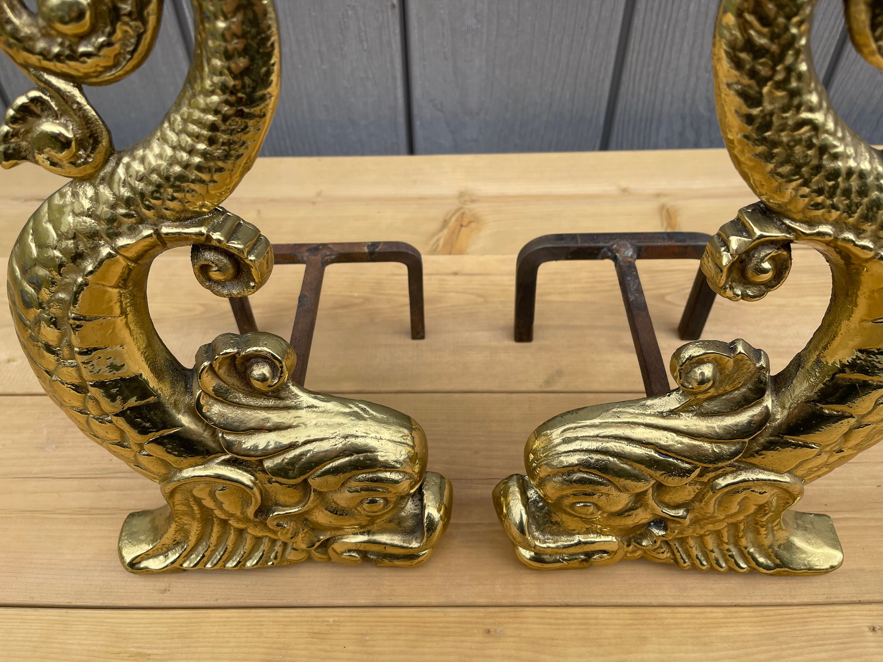 Vintage Mid Century Brass Dolphin Fireplace Andirons With Etsy
