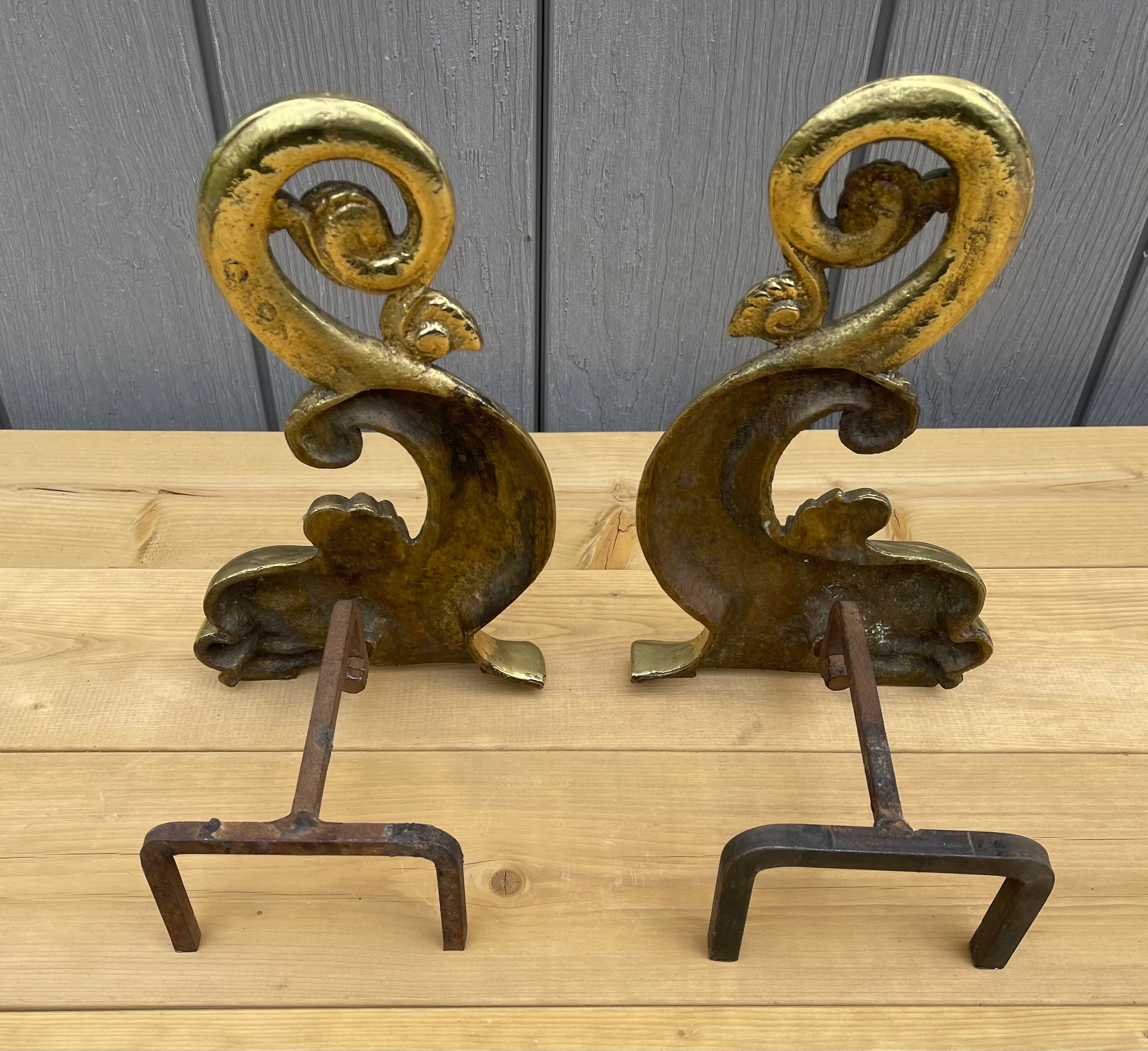 Vintage Mid Century Brass Dolphin Fireplace Andirons With Etsy