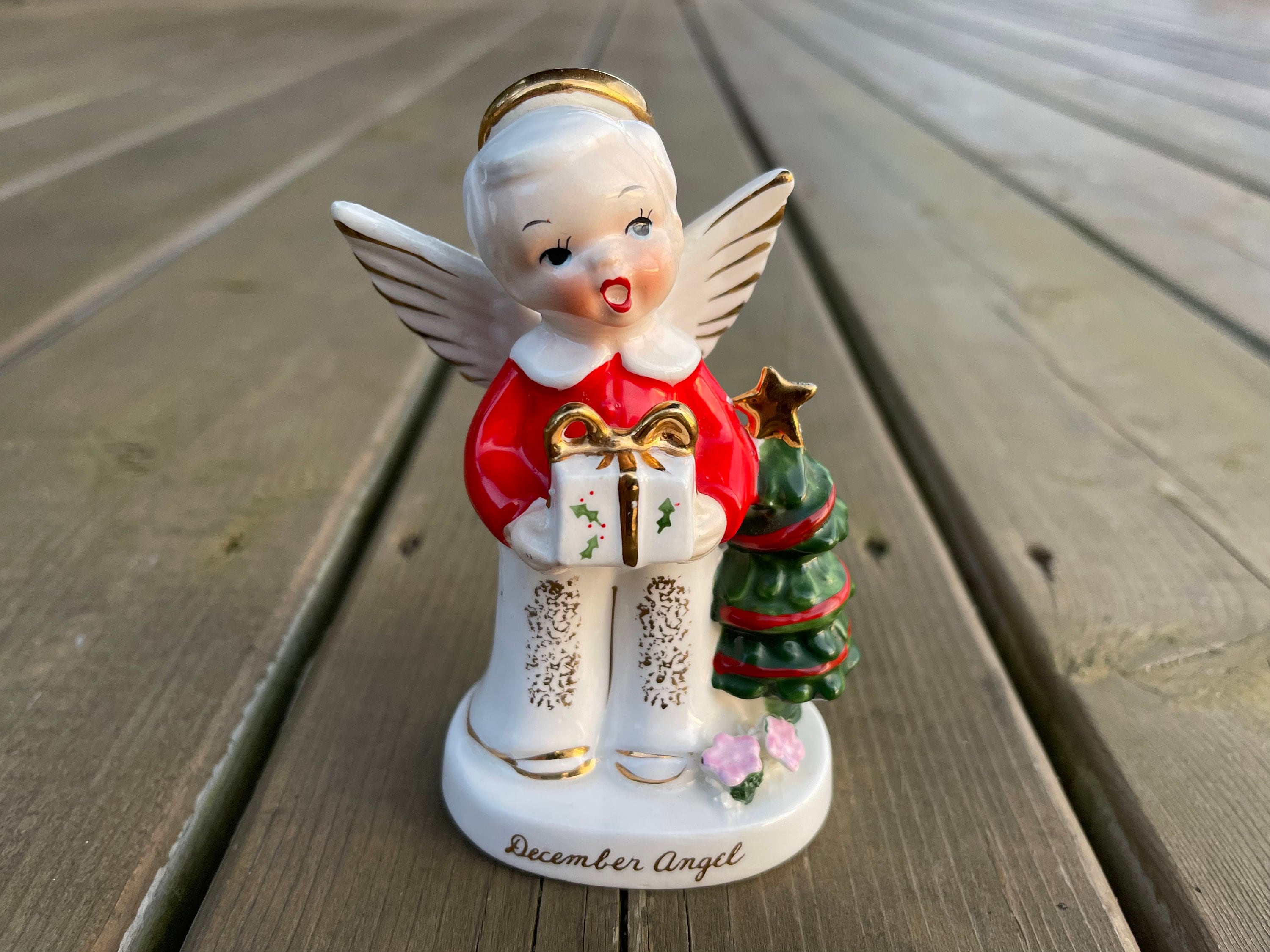 Vintage Napco Hand Painted December Boy Angel With Christmas Tree