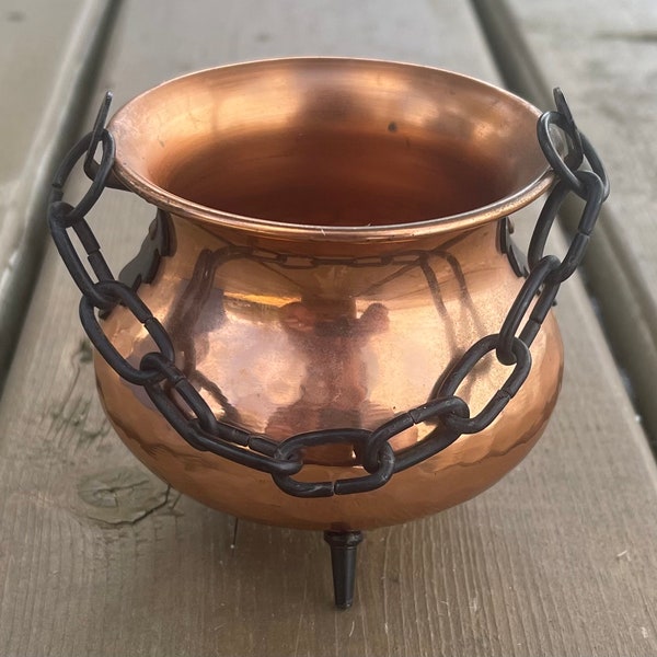 Vintage Small Hammered Copper and Cast Iron Three Footed Cauldron with Chain 3 and 1/4 Inch Decorative Cauldron Retro Halloween Decor