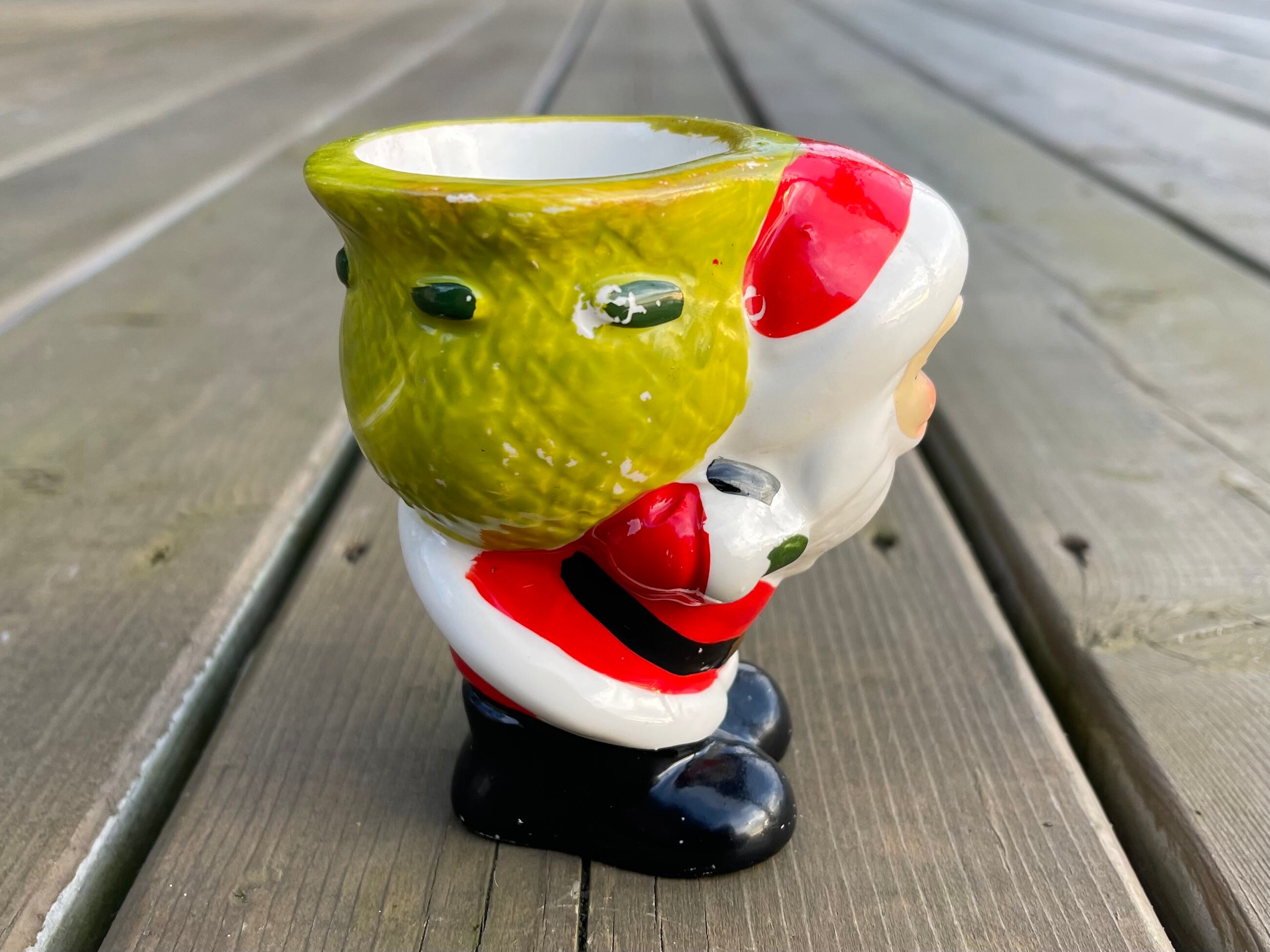 bougeoir vintage en céramique Père Noël et traîneau, fabriqué