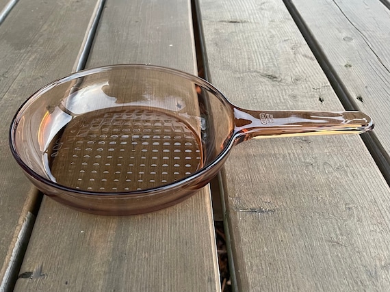 Vintage Corning Visions Visionware Amber Brown Glass 7 Inch Waffle Bottom  Skillet Made in France 