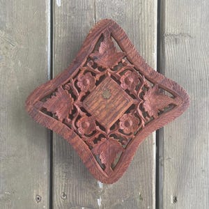 Vintage Carved Wooden Flower and Leaf Floral and Foliage Brass Inlay Trivet Pot Holder Plant Stand Wall Art Made in India Retro Boho Decor