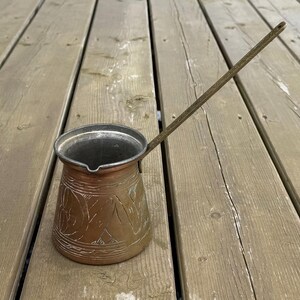 Vintage Etched Copper and Brass Turkish Coffee Pot Butter Melt Planter Copper Cookware Retro Farmhouse Decor