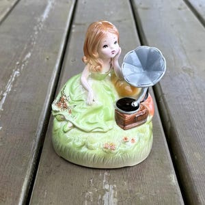 Vintage Josef Originals Girl in Green Dress Listening to “Love Me Tender” By Elvis Presley on Gramophone Musical Figurine Made in Japan