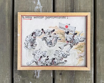 Vintage 1950s Small Framed “Lively Winter Performance” Skating Dalmatian Puppies Lithograph Print Wall Hanging Retro Artwork Decor
