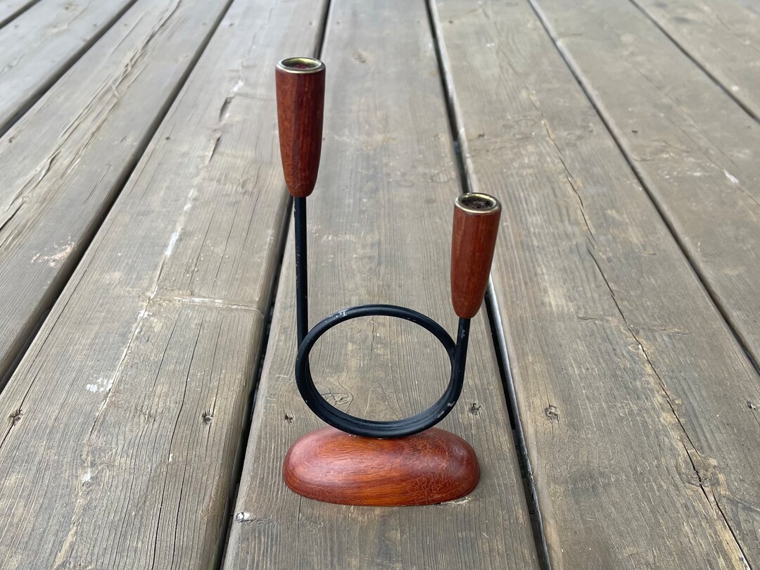 Vintage Mid Century Modern MCM Wood and Metal Loop Candlestick Candle ...