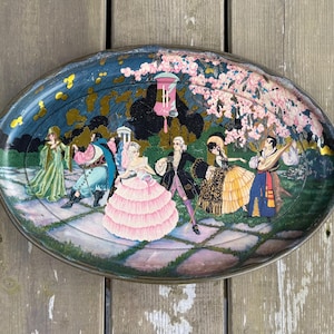 Antique c1920s Art Deco Georges Barbiere Masquerade Ball Lithograph Oval Serving Tray Retro Art Deco Sweving Accessories Decor
