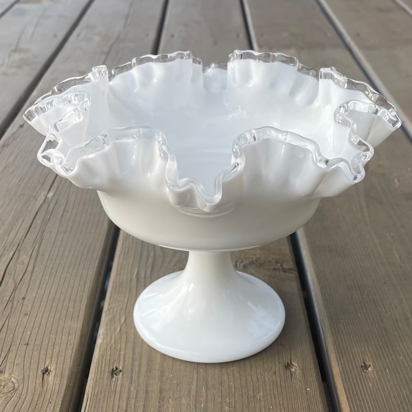 Vintage Fenton Silver Crest Milk Glass Ruffled Crimped Pedestal Bowl Compote Candy Dish Retro Glass Decor