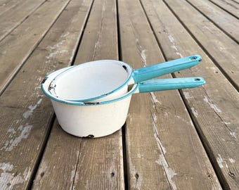 As Is***Set of Two Vintage White and Teal Blue Enamel Saucepans Cooking Pots Retro Farmhouse Camp Cottage Primitive Kitchen