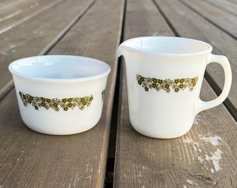 Vintage Pyrex Spring Blossom Green “Crazy Daisy” Pattern Cream and Sugar Set Creamer and Open Sugar Bowl Made in USA Retro Kitchen