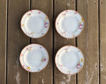 Set of Four Antique c1912-1926 Adderley Multicolor Floral Heavy Gold Trim Embossed Fine Bone China 7 Inch Salad Plates Made in England