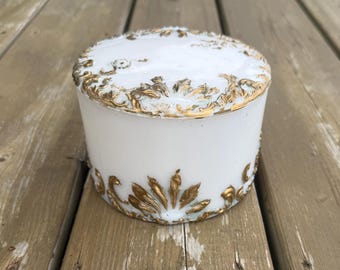 Antique Victorian Green and Gold Painted Milk Glass Vanity Powder Jar Powder Box Trinket Dish Antique Dresser Tray Accessories