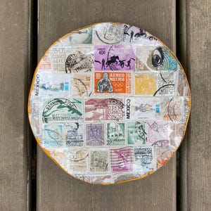 Vintage 1960’s Decoupage Postal Stamp Glass Ruffled Edge Trinket Dish Retro Philately Stamp Collecting Trinket Dish Decor