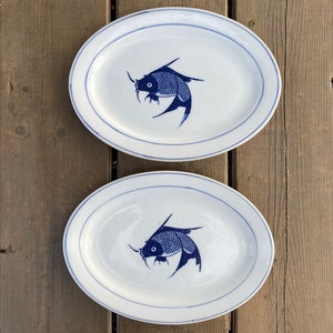 Set of Two Vintage Chinese Cobalt Blue Koi Carp Fish Oval Plates Restaurant Ware