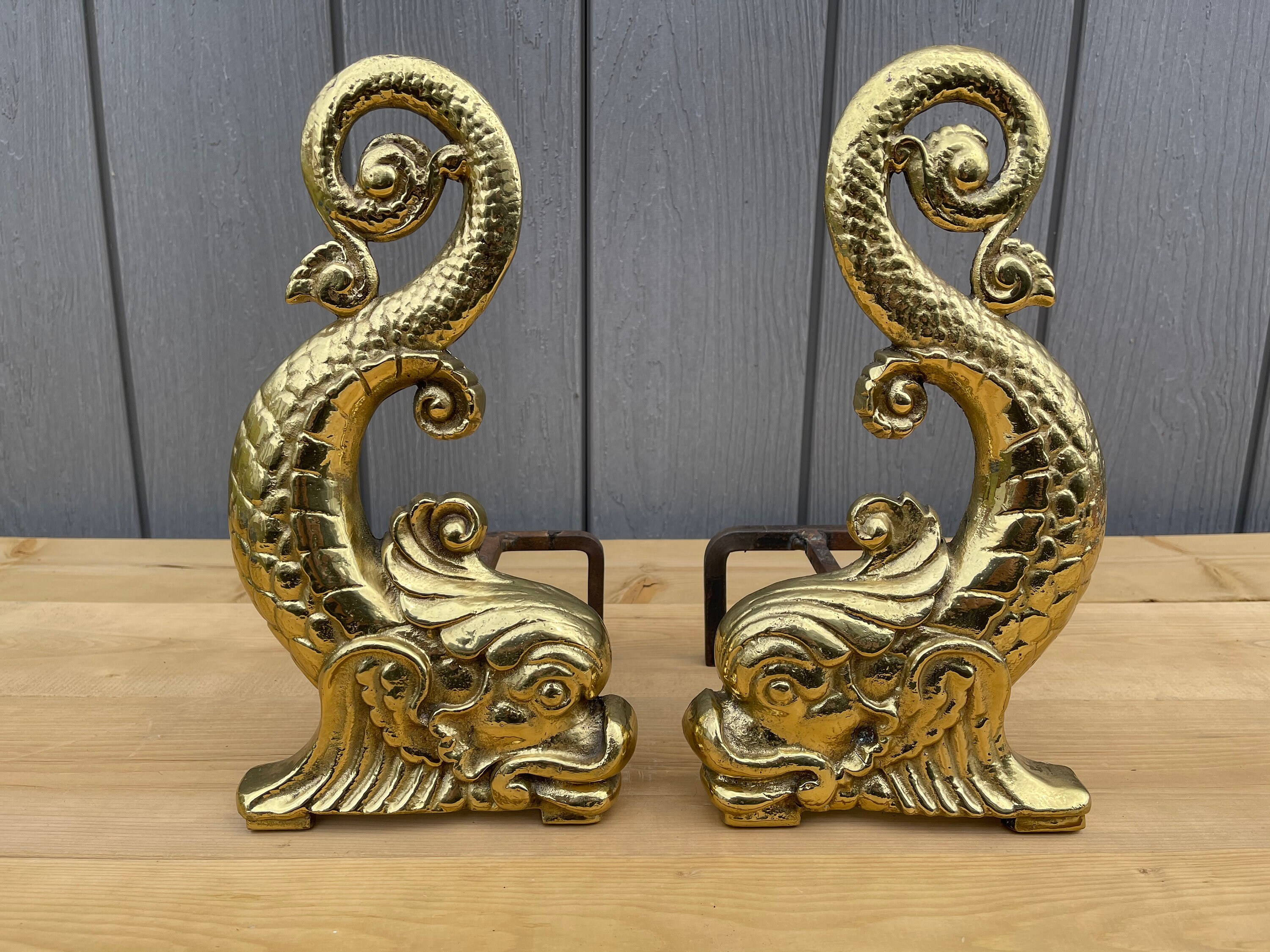 Vintage Mid Century Brass Dolphin Fireplace Andirons With Etsy