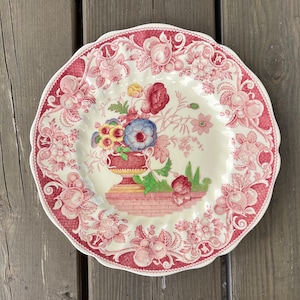 Vintage Royal Doulton Pomeroy Produced from the Original Davenport Engravings Red Transferware 9 and 1/2 Inch Luncheon Plate Made in England