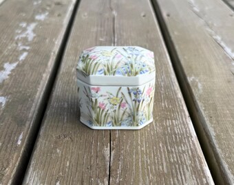 Può includere: Un piccolo portagioie esagonale in porcellana con coperchio rimovibile. La superficie bianca è decorata con un motivo botanico colorato che presenta fili d'erba verdi, narcisi gialli, garofani rosa e fiori di iris blu dipinti con stile.