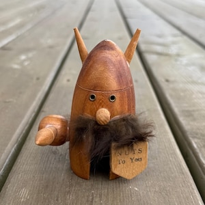 Vintage Mid Century “Nuts To You” Wood Viking Nutcracker with Beard, Sphere, Shield, and Horn Helmet Made in Japan Retro Wooden Nutcracker