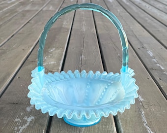 Vintage Fenton Blue Overlay Beaded Melon Glass Basket Retro Glass Decor