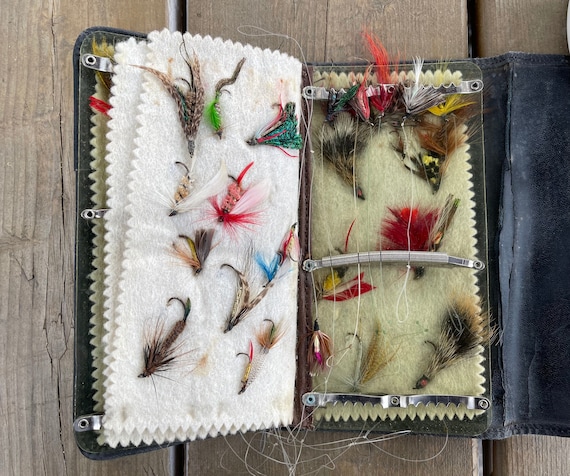 Collection of 70+ Vintage Hand Tied Fish Flies in Leather Carrying Case Retro Fishing Tackle Gift for Fisherman Fishing Lover