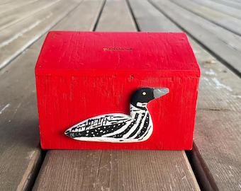 Vintage Folk Art Hand Painted Loon Coin Bank Piggy Bank Retro Primitive Cottage Lake Decor