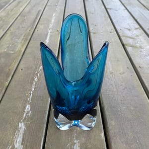 Vintage Light Blue Projection Art Glass Bowl Dish Sculpture Retro Chalet Style Art Glass