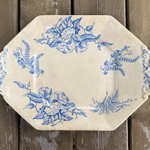 Peut inclure: Un plat de service octogonal en céramique couleur crème orné d'un motif floral et de fougères bleu. Le plat présente des poignées moulées décoratives sur les côtés gauche et droit ainsi qu'une finition lisse et brillante.