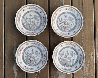 Set of Four Antique c1819-1864 William Adams and Sons Adams Indian Tree Pattern Ironstone Salad 8 Inch Plates Made in England