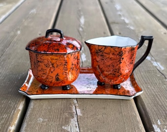 Vintage Art Deco Orange and Black Lustreware Porcelain Cream and Sugar Set with Tray Creamer Covered Sugar Made in Germany