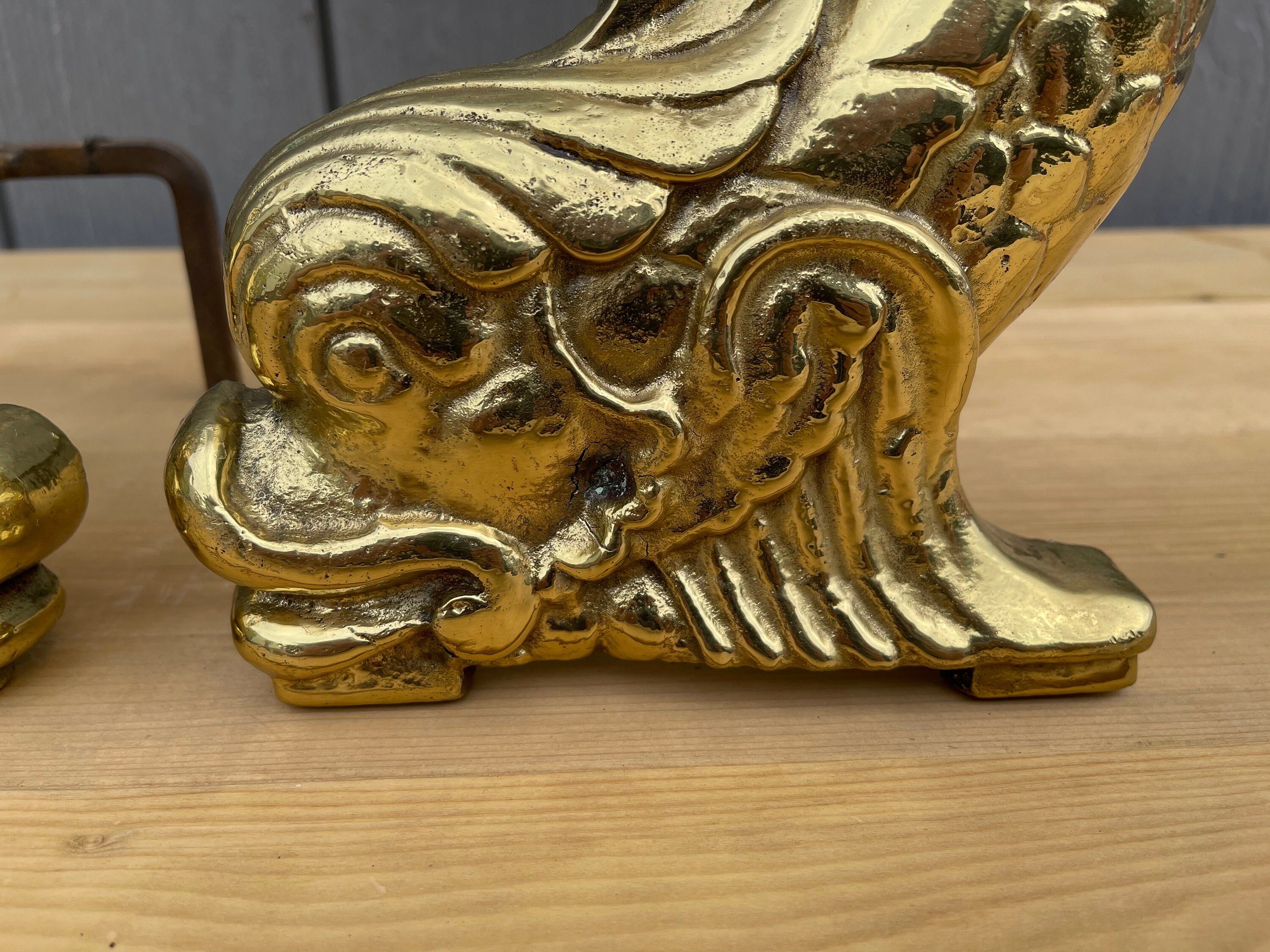Vintage Mid Century Brass Dolphin Fireplace Andirons With Etsy