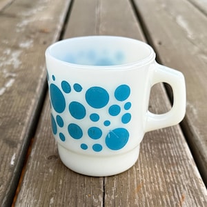 Vintage Anchor Hocking Fire-King Blue Polka Dot D Handle Stackable Coffee Mug Made in USA Retro Kitchen