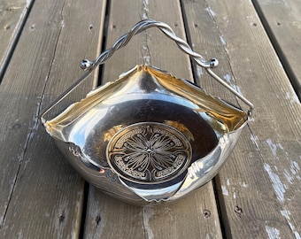 Antique Art Nouveau Silver Plate Gold Accent Square Bowl Basket Brides Basket Art Nouveau Decor
