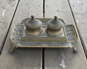 Antique Victorian c1800s Art Nouveau Medusa Head Double Inkwell Dual Inkwell Retro Office Study Decor Accents