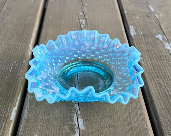 Vintage Fenton Light Blue Opalescent Hobnail Small Ruffled Edge 5 and 3/8 Inch Square Plate Pin Tray Trinket Dish Retro Collectable Glass