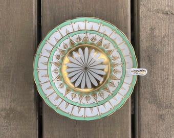Vintage Royal Chelsea Mint Green and Gold English Bone China Wide Mouth Teacup and Saucer Set 226A Cup and Saucer Made in England