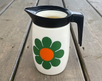 Vintage Dominion Glass Milk Glass Groovy Orange and Green Mod Flower Milk Cream Pitcher Jug Creamer Milk Pourer Retro Kitchen