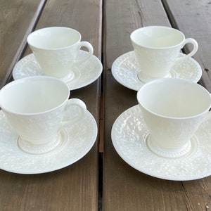 Set of Four Vintage Wedgwood of Etruria and Barlaston Wellesley Pattern Embossed Fruit and Circles Demitasse Cup & Saucer Sets England