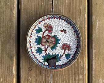 Vintage Chinese Cloisonné Enamel Brass Round Floral Butterfly Trinket Dish Flower and Butterfly Design on a White Background