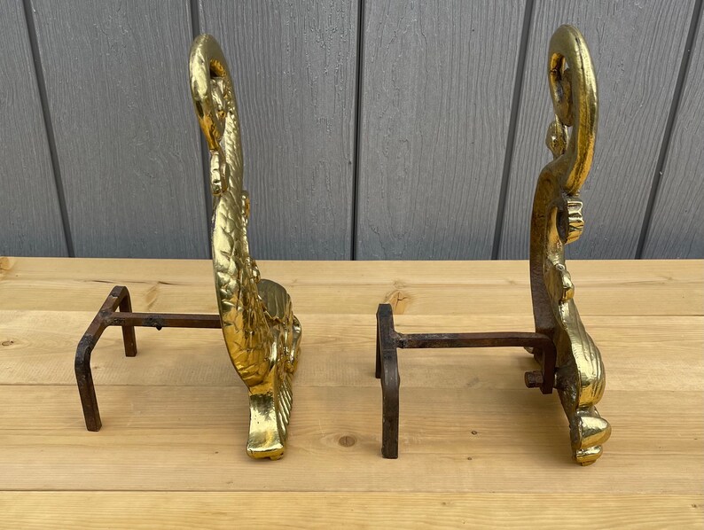 Vintage Mid Century Brass Dolphin Fireplace Andirons With Etsy