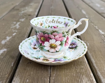 Vintage Royal Albert Flower of the Month Cosmos October Fine Bone China Cup and Saucer Set Made in England Gift for Libra Gift for Scorpio