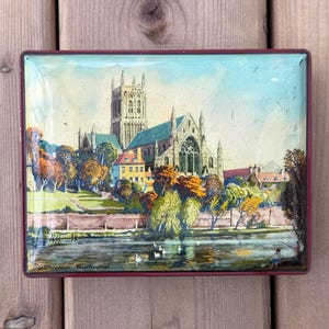 Vintage Metal Blue Bird Toffee Small Red Tin with Worcester Cathedral Candy Tin Decorative Candy Canister Made in England