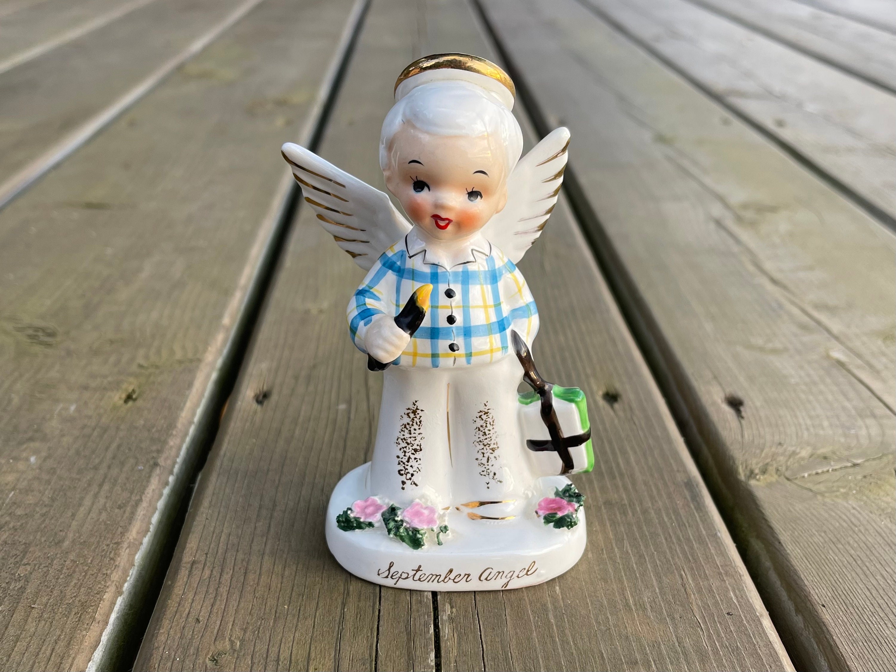 Vintage Napco Hand Painted September Boy Angel Back to School