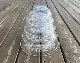 Set of Four Vintage Pyrex White Lace Colonial Mist Clear Glass Nesting Mixing Bowls Mixing Bowl Set 322 323 325 326