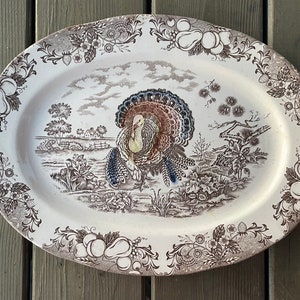 Vintage Transferware Turkey Tom Spreading Plumage 16 inch Platter Serving Plate Made in Japan Retro Thanksgiving